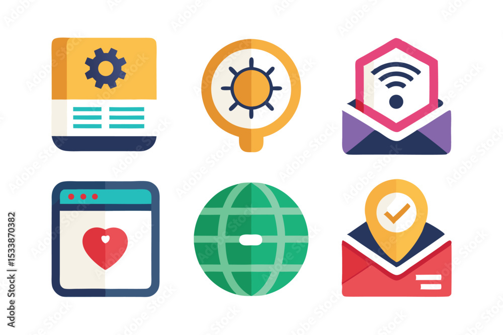 Poster set of flat design icons representing web technologies and communication concepts
