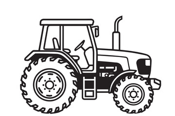 A black and white vector shows a tractor in side view, outlined in bold black lines to emphasize strength, structure, and agricultural purpose.

