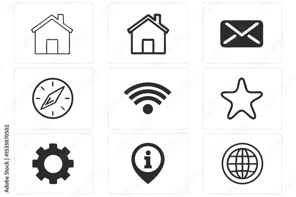 Poster set of simple black and white icons for web design and mobile application interfaces