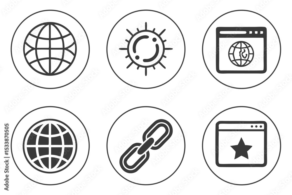 Poster set of simple web icons representing the internet globe sun link and browser window
