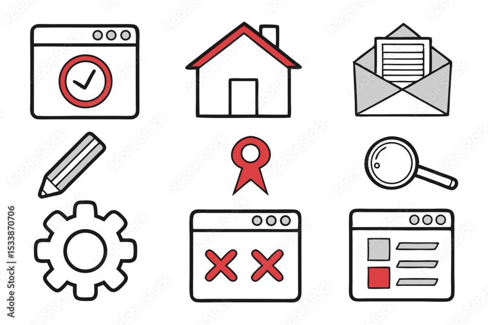 Poster simple hand drawn interface icons representing web design application and communication elements
