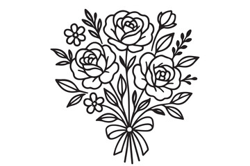 A black and white vector shows a flower bouquet, outlined in bold black lines to emphasize elegance, natural beauty, and delicate floral design.

