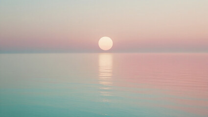 Tranquil sunrise over still waters with pastel colors and reflections in the sky