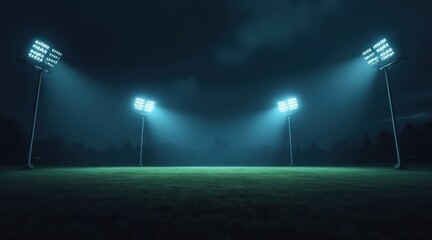 Nighttime sports field illuminated by four tall floodlights, casting bright light on the grass under a dark, cloudy sky.