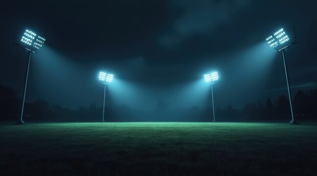 Nighttime sports field illuminated by four tall floodlights, casting bright light on the grass under a dark, cloudy sky.