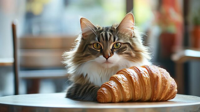 A Fluffy cat sitting on a table holding a golden croiss.