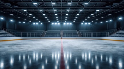 An empty, well-lit ice hockey rink with clear markings and seating areas under an industrial ceiling.