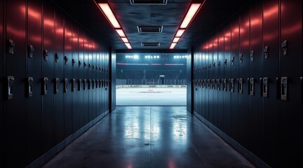 A tunnel lined with lockers leads to a brightly lit ice hockey rink, highlighting the contrast between the dark corridor and the illuminated playing area.