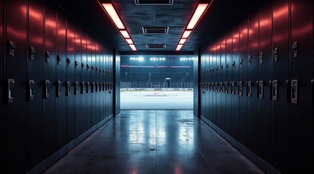 Fototapeta A tunnel lined with lockers leads to a brightly lit ice hockey rink, highlighting the contrast between the dark corridor and the illuminated playing area.