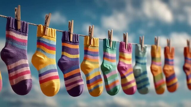 Colorful striped socks hanging on a line under blue sky