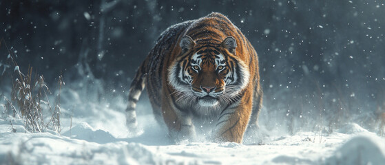 Tiger walking through a snowy forest surrounded by falling snow. Great for wildlife and nature articles.