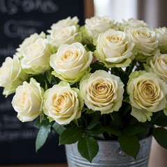 Obraz premium A bouquet of creamy white roses in a metal vase