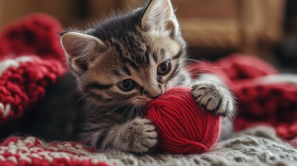 Kitten playing with yarn.