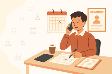HR manager coordinating recruitment process via phone with calendar and hiring documents, white background composition