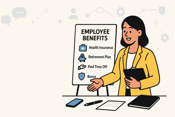 HR manager giving benefits presentation with visual chart and files, ideal for HR training and onboarding content