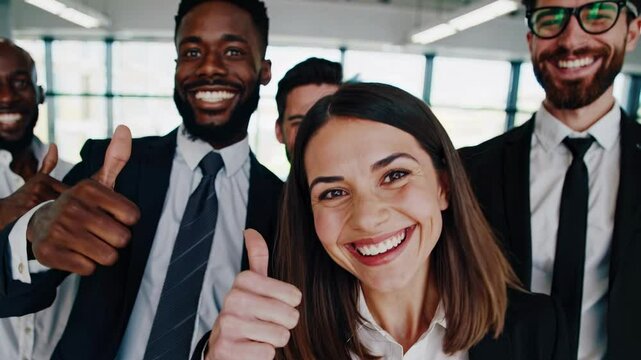 A diverse group of professionals smiling at the camera in a close-up, eye-level angle, capturing a lively and positive team spirit for a corporate video.