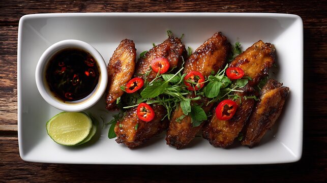 Vietnamese fish sauce fried chicken wings canh ga chien nuoc mam white tray garnished with chili top down view