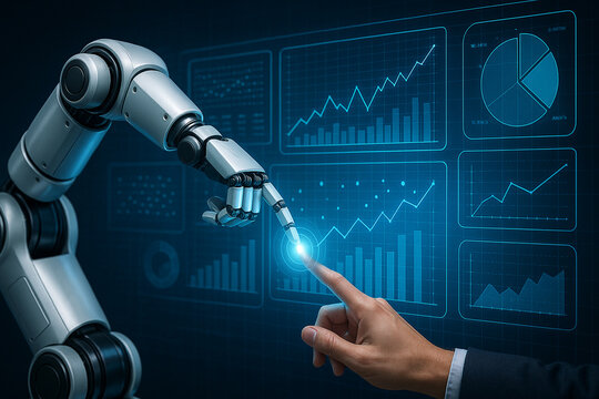 Ai data analysis robot arm and human hand interacting with financial charts and data analytics screen