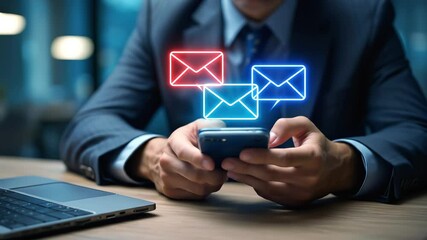 Businessman using smartphone for email marketing communication, checking inbox notifications for digital business productivity. Sending, receiving messages. 4K Animation. - Powered by Adobe