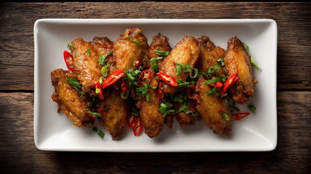 Vietnamese fish sauce fried chicken wings canh ga chien nuoc mam white tray garnished with chili top down view