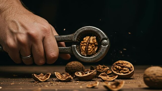 Close-up demonstration of cracking a walnut with a nutcracker on rustic wooden surface