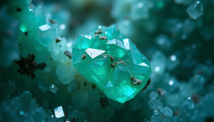 Emerald geode fragment under a microscope, with surreal lighting to enhance geometric crystal shapes and depth 2