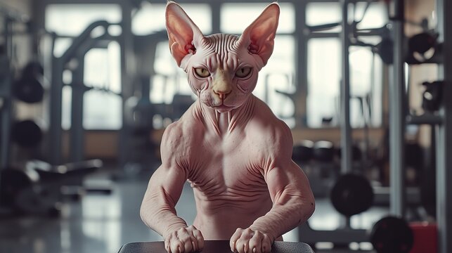 A muscular Sphynx cat flexing its massive biceps showing.