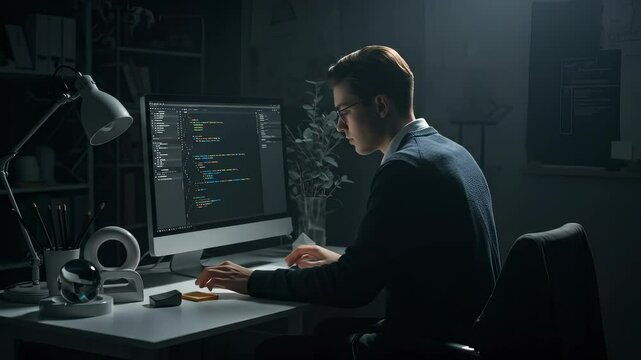 Young professional coding and developing software at his desk late into the night