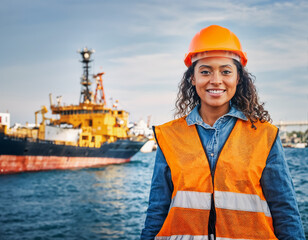 Transport maritime, pêche, jolie jeune femme souriante portant son casque et son gilet de sécurité, bateau en arrière plan, mer