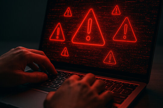 Computer security threat warning alert system error malware detected on laptop screen vulnerability risk