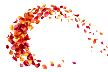 curved overlay of loose petals and falling leaves, arranged in semi-circle frame, suitable for wedding or spring scenes, isolated to transparent background