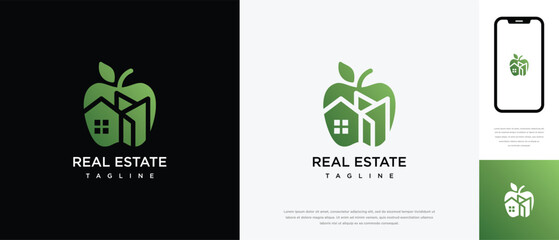 Apple fruit logo design with real estate building. Apple fruit logo template building. Real estate apple logo symbol icon	