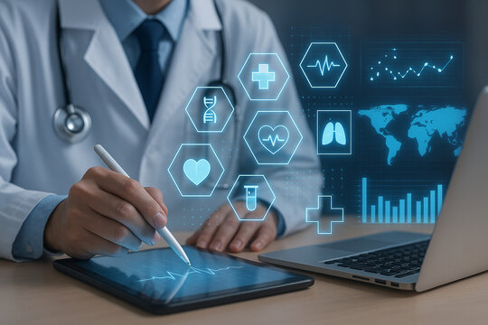 Doctor using digital tablet for medical diagnosis and healthcare technology innovation analysis