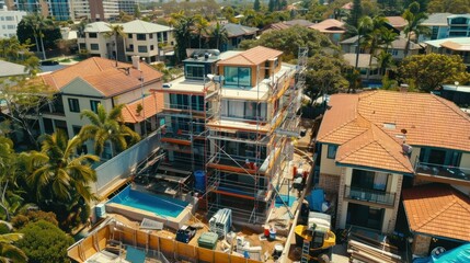 Fototapeta premium Workers on scaffolding at a residential building site. stock photo --ar 16:9 --raw --v 6 Job ID: d0492aec-55c9-4453-bdb8-2eb41d9c8a6c