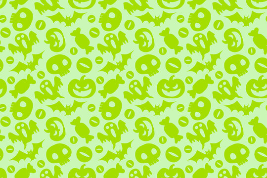 Seamless halloween pattern design with skulls, pumpkins, bats, eyeballs, and candies, all in shades of green