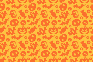 Seamless halloween pattern design with skulls, pumpkins, bats, eyeballs, and candies, all in shades of orange