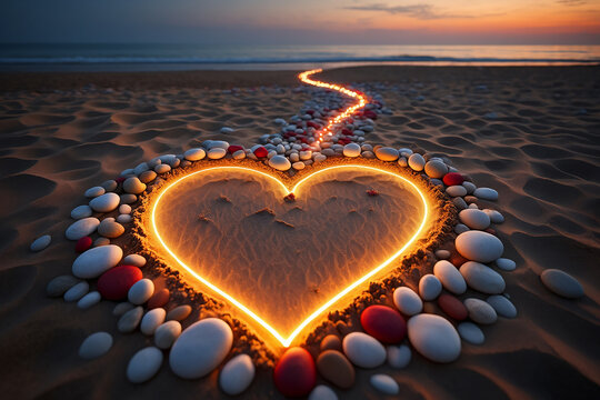 Romantic heart shaped neon light on sandy beach at sunset