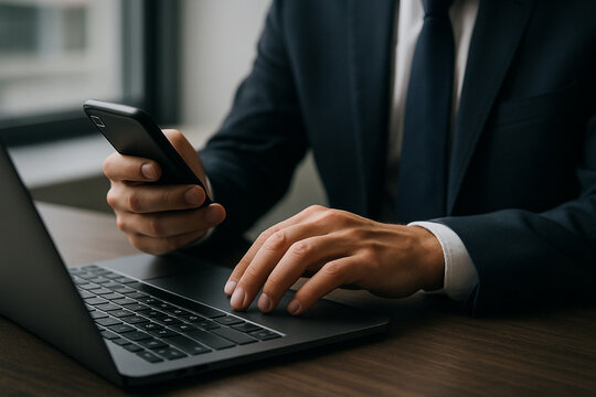 Businessman using laptop and smartphone for multitasking work in office environment concept 100 char