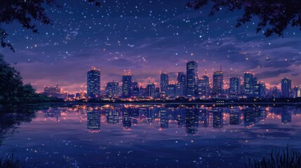Obraz premium Night city skyline reflected in calm water, starry sky.