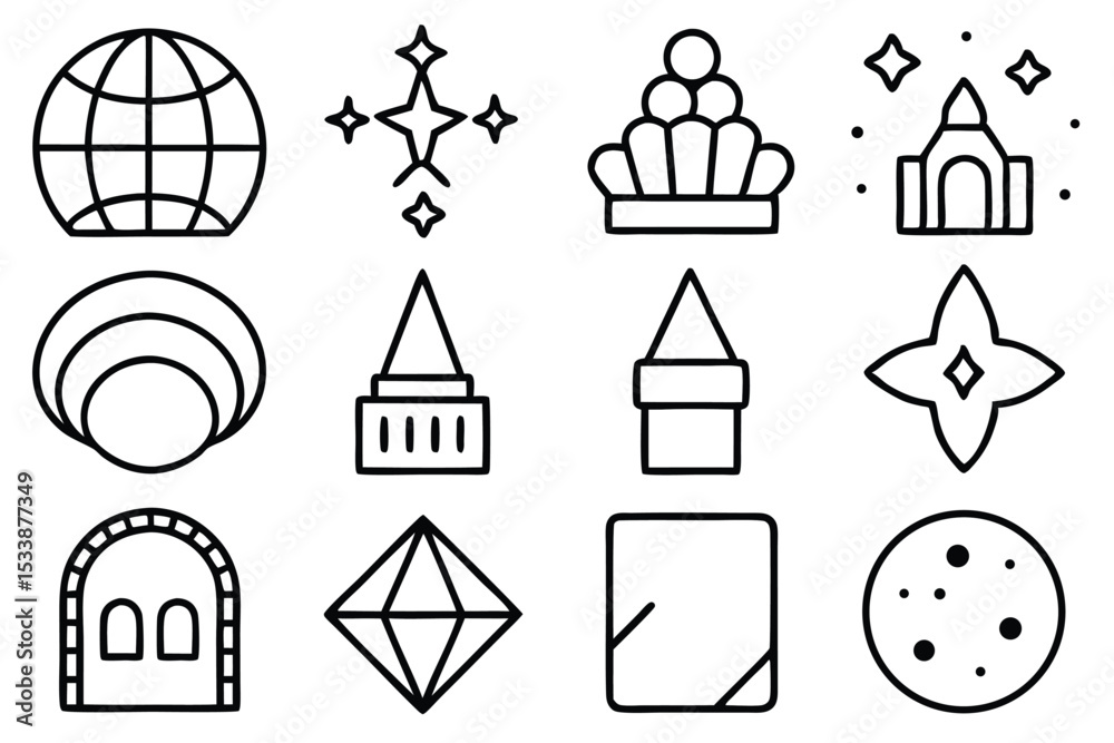 Poster simple and elegant icon set depicting celestial objects and architectural designs for design project