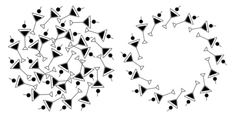 Silhouette Triangular Martini glasses with cherry berry Circular Backdrop Frame Copy space Template