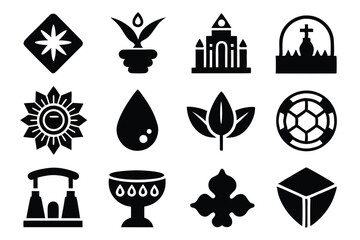 Collection of black iconographic elements featuring nature architecture and symbolic design