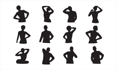 A set of twelve black silhouette figures, showcasing different body positions and postures, Collection of Black Silhouette Figures in Various Poses vector art on white
