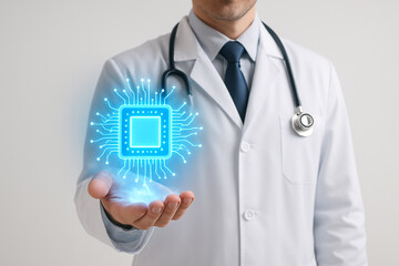 Doctor holding ai chip technology for medical innovation and healthcare advancements in medicine field
