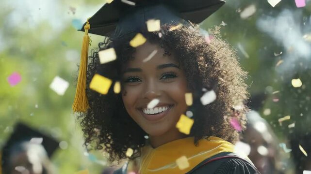 A Smiling Black Woman Graduate Celebrates with Falling Confetti Outdoors