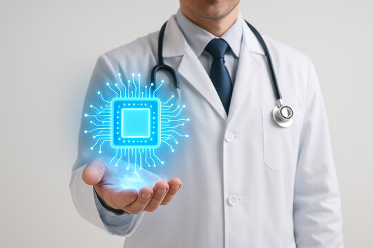Doctor holding ai chip technology for medical innovation and healthcare advancements in medicine field
