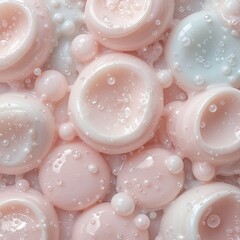 A soft and soothing arrangement of pink and white cosmetic containers surrounded by bubbles, evoking a serene atmosphere.