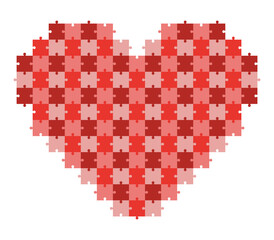 Heart made of red puzzle pieces. Vector illustration of love and unity concept. Symbol of teamwork, support, relationship, autism awareness.