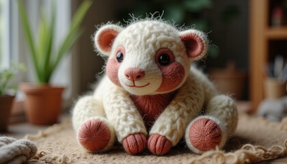 Adorable knitted stuffed animal bear sitting on rug in cozy room