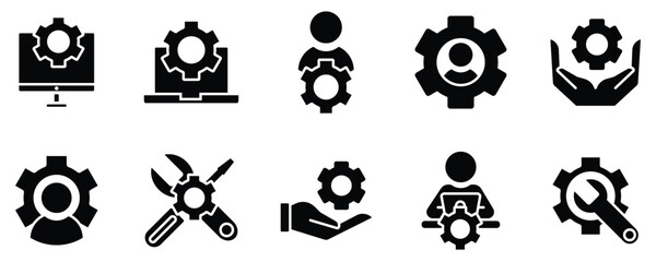 Information technology manager thin line icon set. Containing specialist, expert, professional, service, technician, work, engineer, workshop, installer, employee, project. Vector illustration